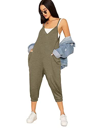 STOLKISS Women’s Spaghetti Strap Jumpsuits Summer Casual Sleeveless V Neck Thin Shoulder Strap Adjustable Jumpsuit Pant with Pockets (Y017 Khaki, XX-Large) - Image 1