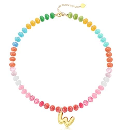Btysun Gemstone Necklace with Bubble Necklace Letter W Initial Necklaces for Women Gifts for Teen Natural Stone Bead Necklaces Stocking Stuffers Birthday Christmas Jewelry - Image 1