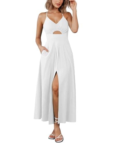 BTFBM Women 2026 Spaghetti Strap Midi Summer Dresses Sleeveless V Neck Cutout Slit Casual Beach Party Maxi Dress Pockets(White, Medium) - Image 1