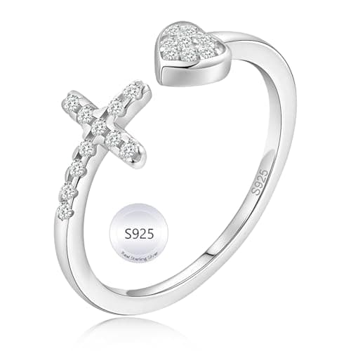 Adjustable Cross Rings for Women - 925 Sterling Silver Christian Rings for Daughter, Dainty Heart Rings, Non-Tarnish Faith Rings for Women & Daughter - Meaningful Easter, Christmas, or Birthday Gift - Image 1