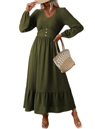 Dokotoo Maxi Dresses for Women 2025 Casual V Neck Long Sleeve Elegant Ruffle Flowy Long Dress High Waist Tiered Green Dress Fall Wedding Guest Dresses Small - Image 1