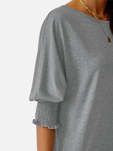 NORACORA Women's 2025 Fashion Tops 3/4 Sleeve T-Shirts Smocked Cuffs Cute Dressy Casual Crewneck Basic Business Tees Blouses Gray XL - Thumbnail 6