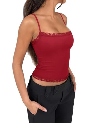 PINKMSTYLE Women Lace Cami Square Neck Tank Tops Y2k Summer Adjustable Spaghetti Strap Camisole Tops Sleeveless Shirts Red Large - Thumbnail 4