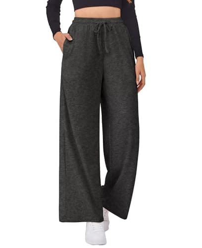 High Waisted Wide Leg Pants Women Summer Work Beach Trousers Petite Fit Drawstring Charcoal - Image 1