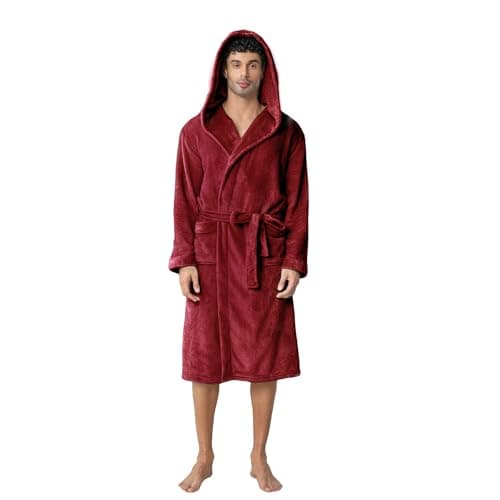 Lagtew Men's Hooded Fleece Bathrobe, Absorbent Towel Plush Robe for Men with Pockets, Warm Soft for Home,BURGUNDY,2XL/3XL - Image 1