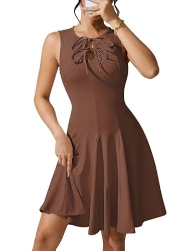 Pink Queen Sleeveless Ruffle Knit Mini Dress for Women 2026 Sexy Tie Knot High Waist A Line Cocktail Party Dresses Summer Chocolate Brown S - Image 1