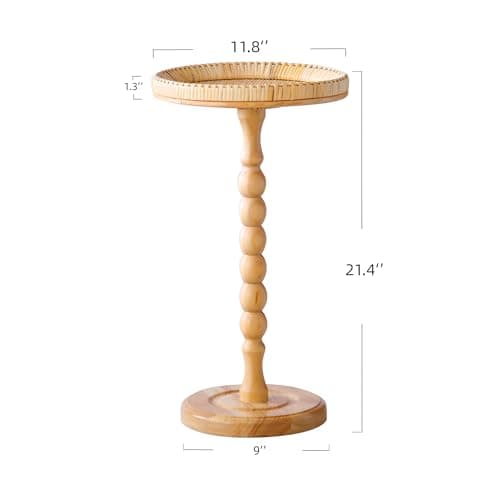 HuiDao Drink Table，Rattan Round Small Side Table for Small Spaces, Boho Circle End Table Coffee Table with Solid Wood Leg for Living Room, Pedestal Table for Bedroom, Corners - Thumbnail 2