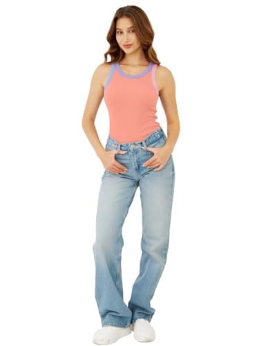 GKBK Womens Colorblock Ribbed Tank Tops Crewneck Fitted Cute Sleeveless Racerback Basic Casual Summer Cami Shirts Coral - Thumbnail 6