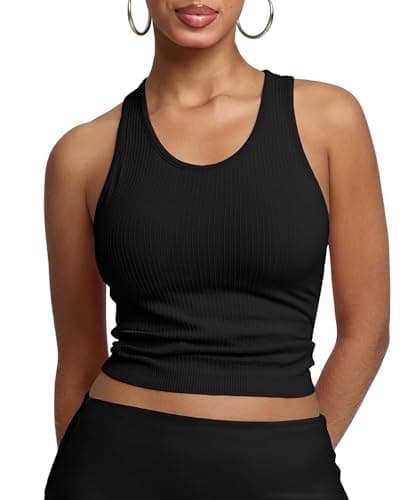 BRXL Women's Ribbed Racerback Tank Tops with Built-in Bra U Neck Sleeveless Fitted Casual Athletic Workout Gym Top Black S - Image 1