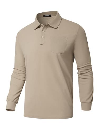 Promen polo Men's Classic Long Sleeve Polo Shirts Casual Lightweight Solid Golf Shirts with Pocket Light Khaki XL
