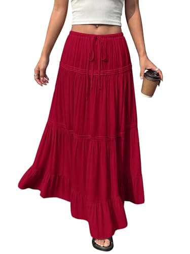 BTFBM Spring Skirts for Women 2026 Summer Boho Beach Vacation Clothes Casual Pleated High Waisted Flowy Maxi Skirt(Red, Small) - Image 1