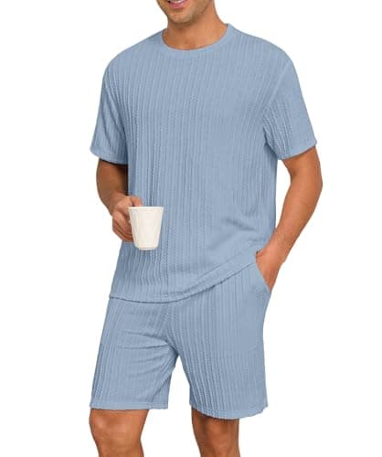 PrinStory Mens Pajamas Set Summer Pjs Sets Lightweight Short Sleeve Pajama Shorts Set Soft Sleepwear Loungewear with Pockets Gray Blue-M - Image 1