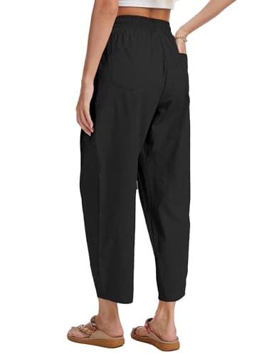 DAOAO Cotton Linen Barrel Pants Women Wide Leg Hippie Boho Casual Loose Harem Pants Pleated Pull On Elastic Waist Black S - Thumbnail 4