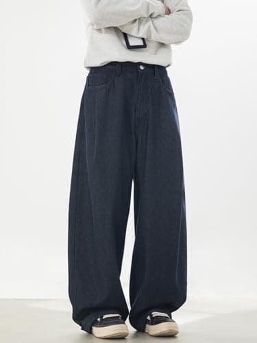 CAONAT Men's Baggy Jeans Wide Leg Loose Fit Pants Hip Hop Y2K Streetwear Long Trousers Blue Medium - Thumbnail 2