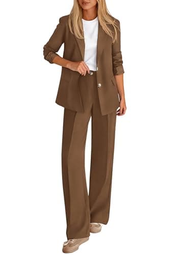 KIRUNDO Womens Suits 2 Piece Set Business Casual Blazer Jacket Wide Leg Dress Pants Suits Professional Work Office Outfits(Brown, Large) - Image 1