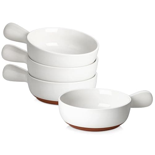 MALACASA 23 Oz French Onion Soup Bowls With Handles, Ceramic Soup Crocks for Cereal, Pasta, Beef Stew, Chilli, Oven Microwave Dishwasher Safe, Set of 4, White, Series TARA - Image 1