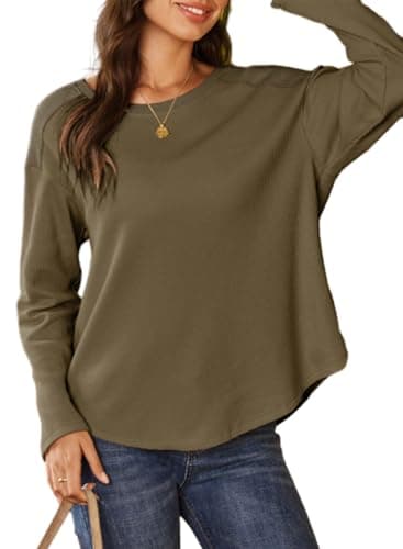Doktoo Womens Summer Tops for Women 2026 Oversized Waffle Knit V Neck Long Sleeve Casual Lightweight Comfy Spring Fashion Outfits,XX-Large Olive Green - Image 1