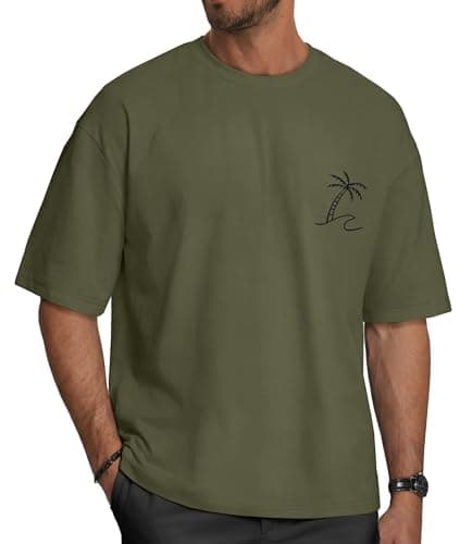 rosemia Oversized Tshirts for Men Crewneck Graphic Tees Basic Short Sleeve Loose Fit Tops, Army Green Coconut Tree, M - Image 1