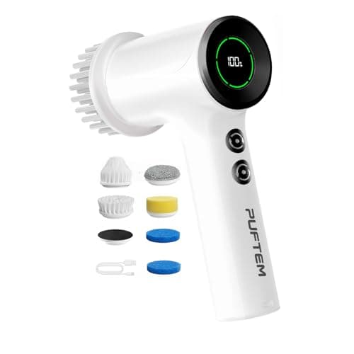 PUFTEM Upgraded Electric Spin Scrubber, Powerful Cordless Shower Scrubber with 4500mAh Large Battery & Speed Display, 6 Replaceable Brush Heads, Cleaning Brush for Bathroom Tile Tub Floor (White)