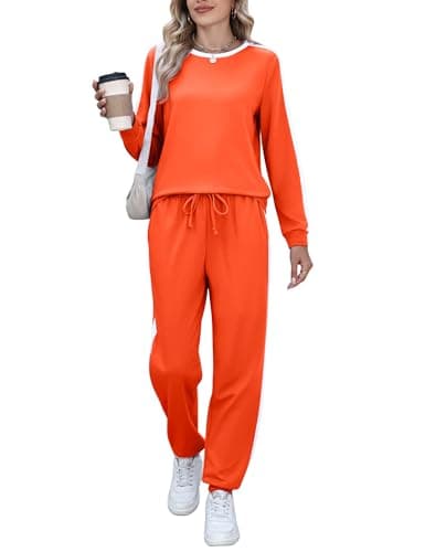 Marvmys Women Long Sleeve Lounge Set Aoft Fall Outfits Sets Shirt Top and Sweatpants Tracksuits Set Orange XL - Image 1
