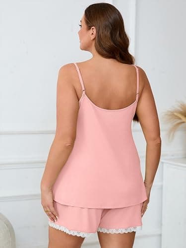 AusLook Women's Plus Size Pajama Sets Lace Trim Cami Sleeveless Top and Shorts Pink 4X Comfy Soft Ladies Short Pajamas Set Loungwear Sleepwear Pjs Set 2 Piece Lounge Set with Pockets - Thumbnail 2