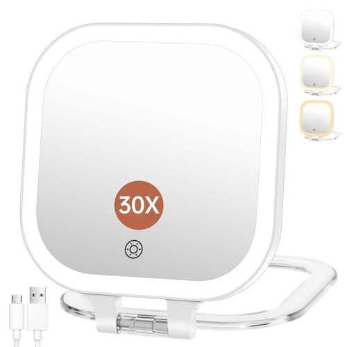 FASCINATE Compact Travel Makeup Mirror with Lights and Magnification, 3.5 inch Portable 1X/30X Magnifying Mirror with 3 Color Light, Folding, Handheld (White) - Image 1