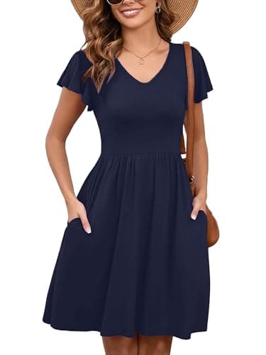 Heymoments Women Summer Dress Ruffle Sleeve Navy Blue XX-Large V Neck Casual Cute Loose Sundress Comfy Swing Midi Work Flowy Tunic Ladies Beach Vacation Teacher Dresses with Pockets