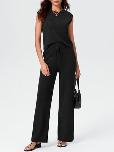Imily Bela Womens 2 Piece Outfits Sleeveless Ribbed Knit Tops Wide Leg Pants Summer Vacation Sweater Matching Lounge Sets - Thumbnail 2