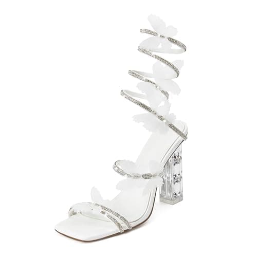 VOZTOLLS Women's Rhinestone Crystal Butterfly High Heels Stylish Open Square Toe Spiral Ankle Strap Dress Chunky Heeled Sandals For Wedding Party Banquet White Size 7 - Image 1