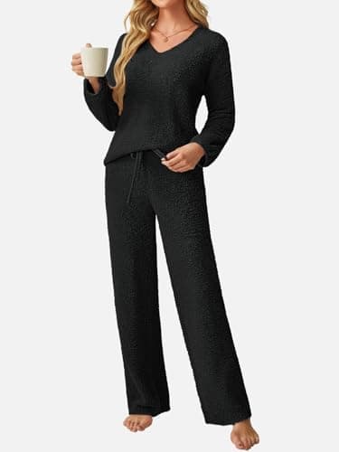 GKBK Womens 2 Piece Outfits Knit Sweater Sets Fuzzy Fleece Long Sleeve Top Wide Leg Pants Lounge Wear Matching Lounge Set 2026 Winter Casual V Neck Cozy Fashion Clothes Black L - Thumbnail 6