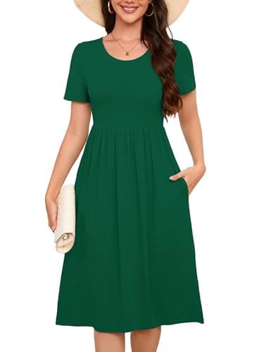 DEARCASE Casual Dresses for Women Dark Green XX-Large Short Sleeve A line Summer Beach Midi Sundress Wedding Guest Flowy Swing Cocktail Slimming Birthday Party Spring Travel Long Dress with Pockets