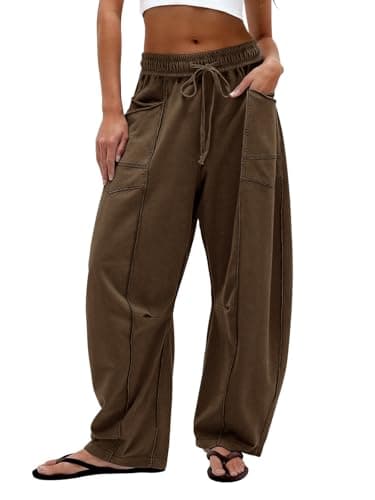 Dokuritu Barrel Sweatpants Women Casual Drawstring Elastic Waist Wide Leg Sweatpant with Pockets Lounge Baggy Pants Coffee - Image 1