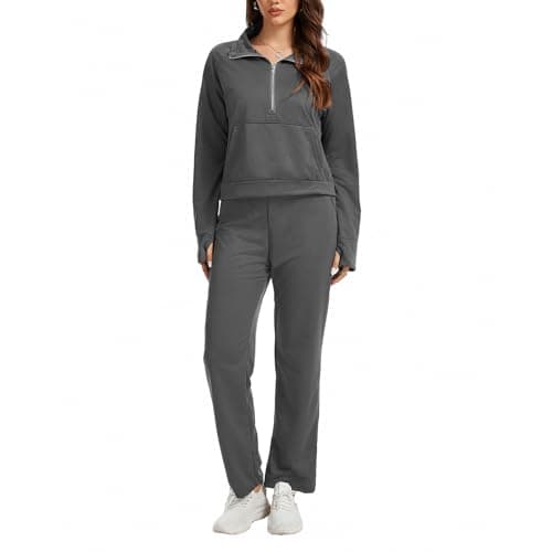 Anyshe Women's 2 Piece Sweatsuit Set Lounge Set Half Zip Sweatshirt with Kangaroo Pocket Thumb Holes Wide Leg Drawstring Pants Casual Tracksuit for Travel Daily Wear, Charcoal Grey, X-Large - Image 1
