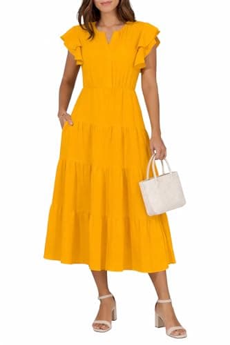materasu Women V Neck Midi Dress with Pocket Flutter Sleeve Tiered Casual Summer Dress Yellow - Image 1