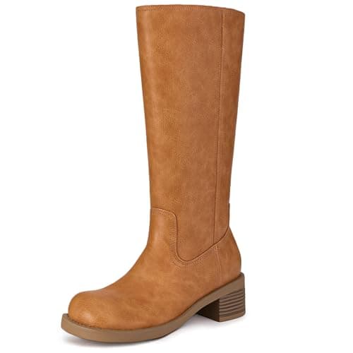 Athlefit Knee High Boots for Women Square Toe Chunky Heel Tall Riding Fall Boots Slip On Fashion Brown Booties - Image 1