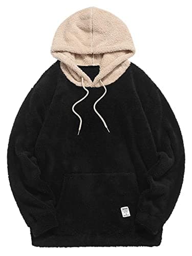 ZAFUL Color Blocking Fuzzy Hoodie Unisex Men Sherpa Pullover Loose Fluffy Sweatshirt Black M - Image 1
