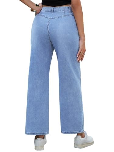 PEIHOT Wide Leg Jeans for Women High Waisted Straight Leg Stretchy Jeans Seamed Paneling Denim Pants Fall Light Blue - Thumbnail 6