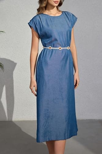 Women's Summer Denim Blue Casual Cap Sleeve Back Split Shift Elegant Office Rayon Pockets Dress with Decorative Waist Chain Ladies Straight Calf Length Work Business Vocation Holiday Dresses - Thumbnail 4