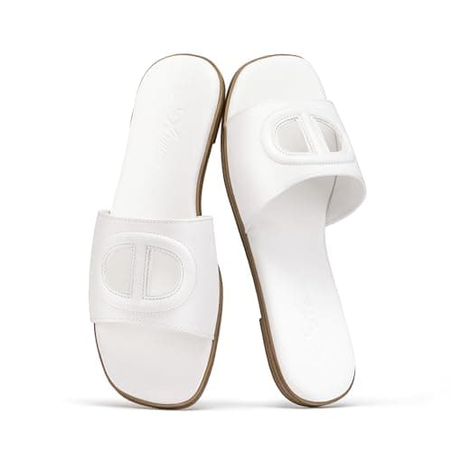 Athlefit White Flat Sandals for Women Square Open Toe Comfortable Slip On Beach Summer Slide Sandals Size 8.5 - Thumbnail 6
