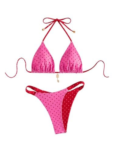 SOLY HUX Women's Polka Dots Bikini Set Halter Triangle String Thong Reversible Summer Beach Two Piece Swimsuit Hotpink and Red Large - Image 1