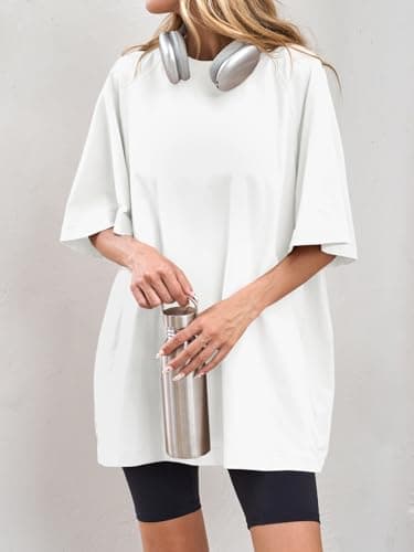 Tankaneo Womens Oversized Tshirts Crew Neck Short Raglan Sleeve Tunic Tops Summer Casual Loose Fit Workout Tee Shirts White - Thumbnail 4