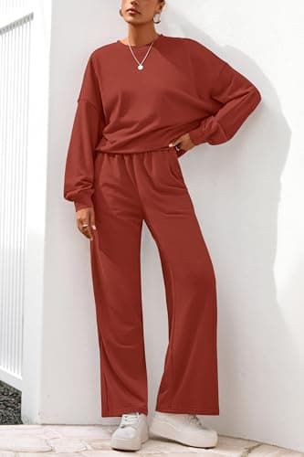 PRETTYGARDEN Women 2 Piece Outfits 2026 Fall Sweatsuits Crewneck Sweatshirt Wide Leg Sweatpants Lounge Sets Tracksuit(Brick Red,X-Small - Thumbnail 6