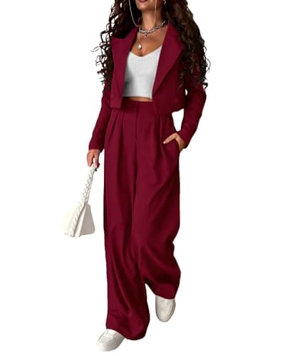 KIRUNDO Business Casual Outfits for Women 2025 Fall 2 Piece Cropped Blazer Jackets Wide Leg Pants Suit Sets Work Clothes(Wine Red, X-Large) - Image 1