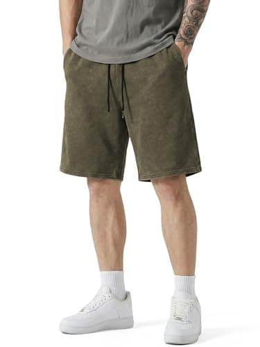 JMIERR Men's Athletic Shorts Moisture Wicking Vintage Acid Washed Cotton Loose Fit Elastic Waist Drawstring Casual Baggy Gym Shorts for Vacation,Office Date, Jungle Green, Medium - Image 1