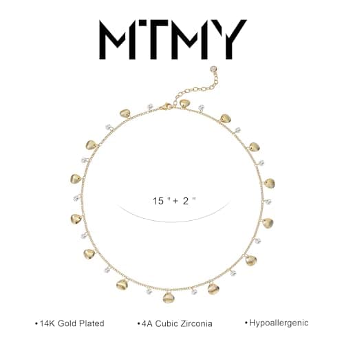 MTMY Gold Choker Necklace for Women 14K Gold Plated Cubic Zirconia Cross Heart Shell Teardrop Charm Station Choker Necklace Dainty CZ Chain Necklaces for Women Summer Jewelry Gifts(Shell) - Thumbnail 5