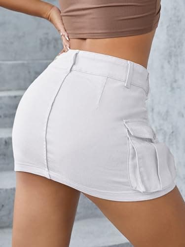 EARKOHA Women's Mini Cargo Skirt Y2K Button Low Waist Short Skirts Bodycon Denim Jean Skirt with Flap Pockets White XL - Thumbnail 2