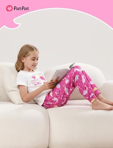 PATPAT Girls Pajama Set Playful Print PJs Soft Short Sleeve Top and Pants Sleep Wear Comfortable 2pcs Nightwear Sets Hot Pink Dinosaur 6 Year - Thumbnail 5