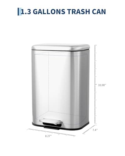 Garvee 1.3 gal Bathroom Trash Can, Step Garbage Can with Soft-Close Lid, Stainless Steel Recycling Bin with Removable Inner Bucket, Rectangular Waste Container for Living Room, Office, Silver - Thumbnail 3