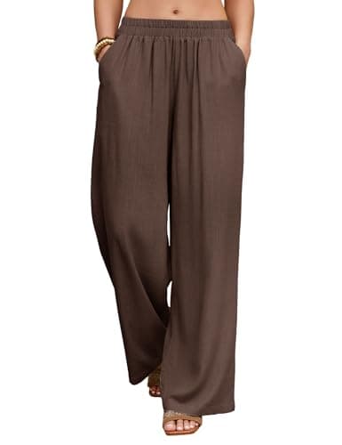 HEEKPEK Women Brown Linen Pants Wide Leg Summer Flowy Elastic Waist Palazzo Beach Vacation Clothes Travel Trousers with Pockets (Coffee,Small) - Image 1