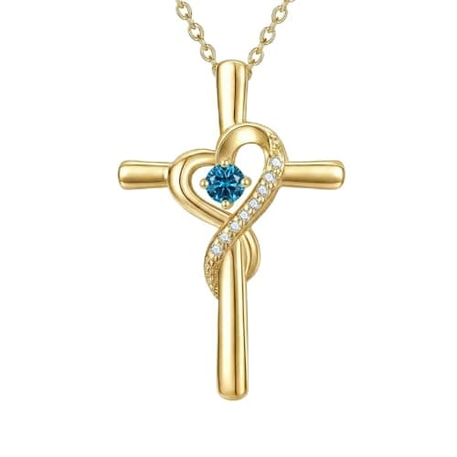 IZZBAT 14K Gold Birthstone Cross Necklace for Women,Faith Jewelry Gift for women - December Blue Topaz - Image 1